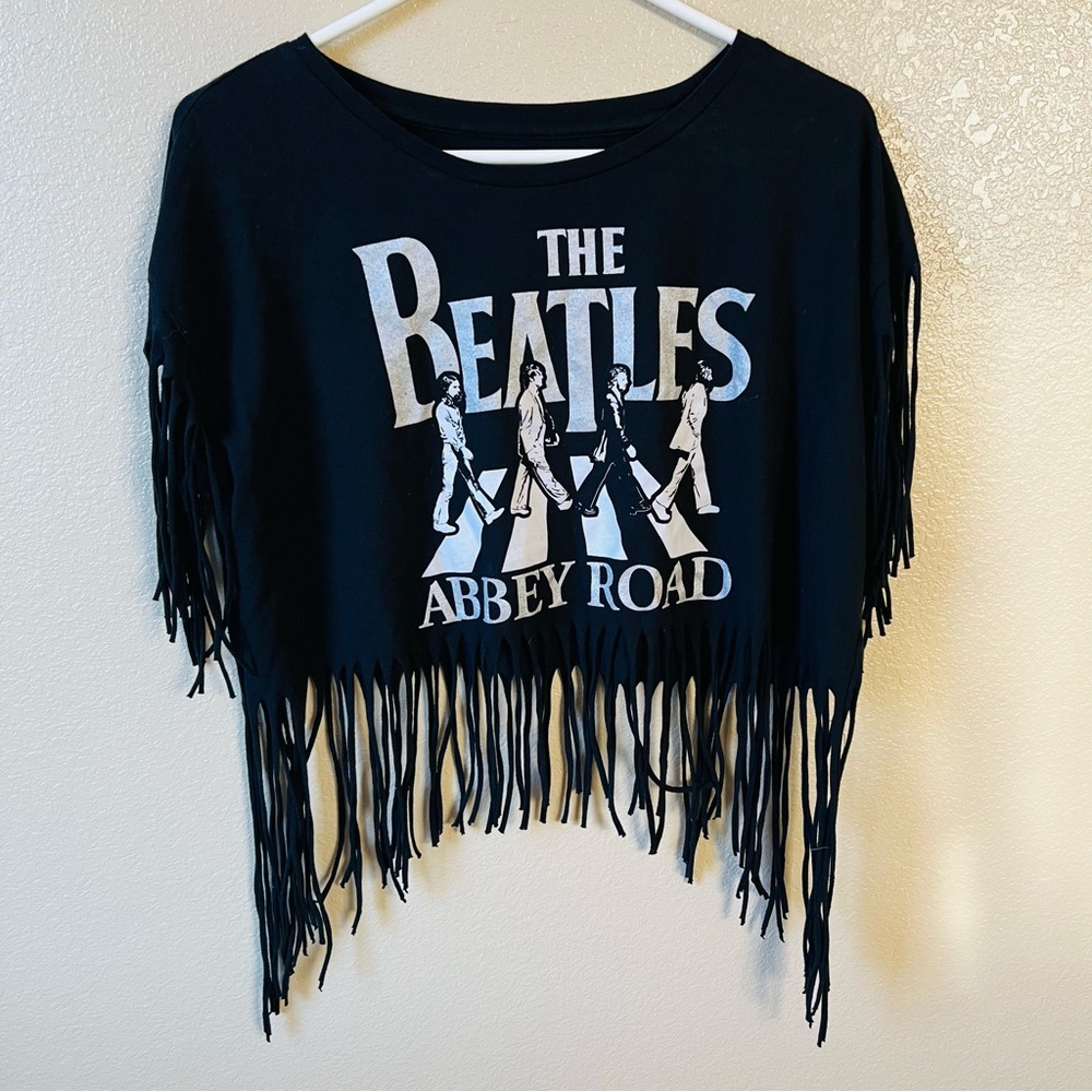 The Beatles Abbey Road Medium Fringe Top Black Cropped Band Tee Boho Rock Shirt